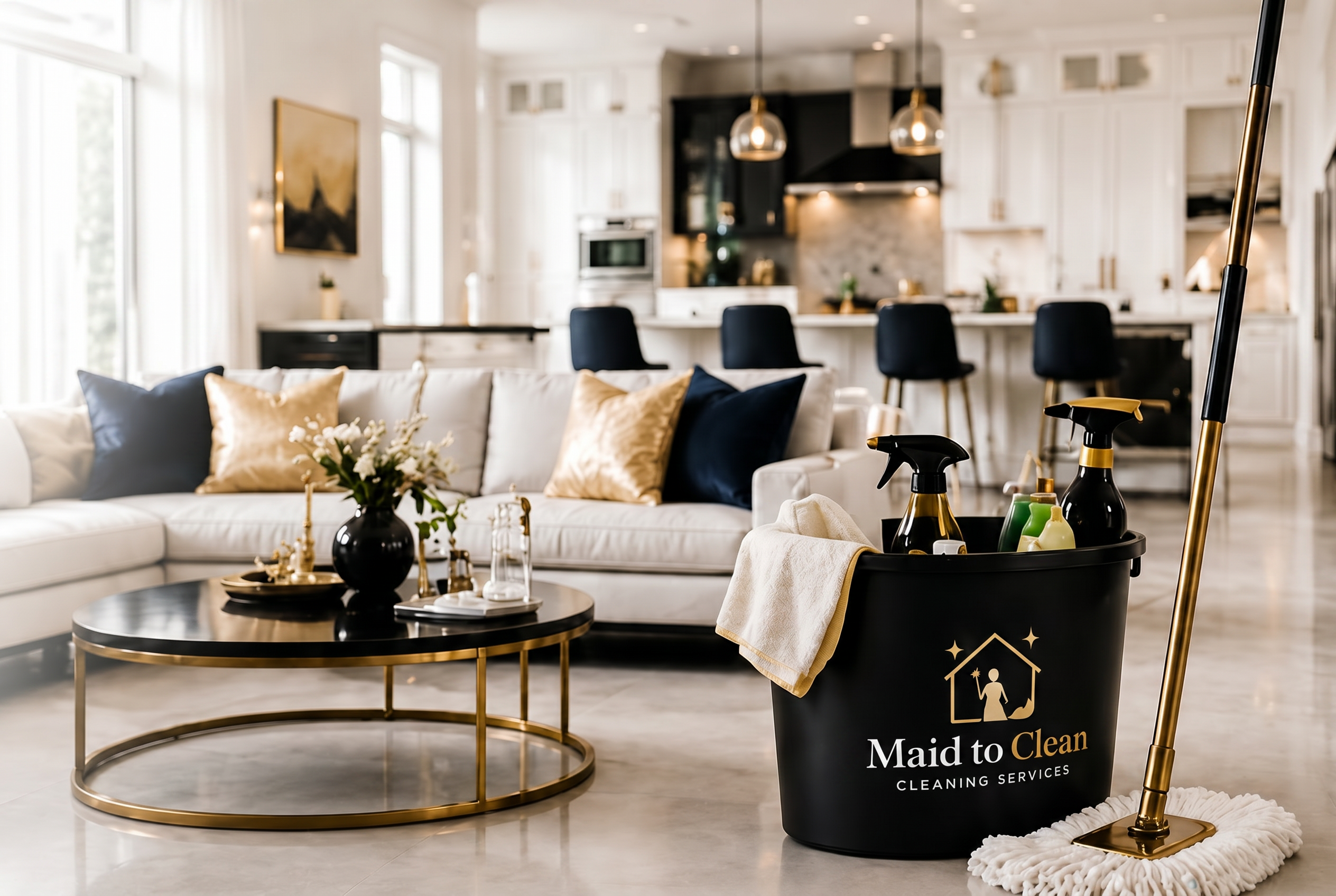 Clean modern living room with professional cleaning supplies